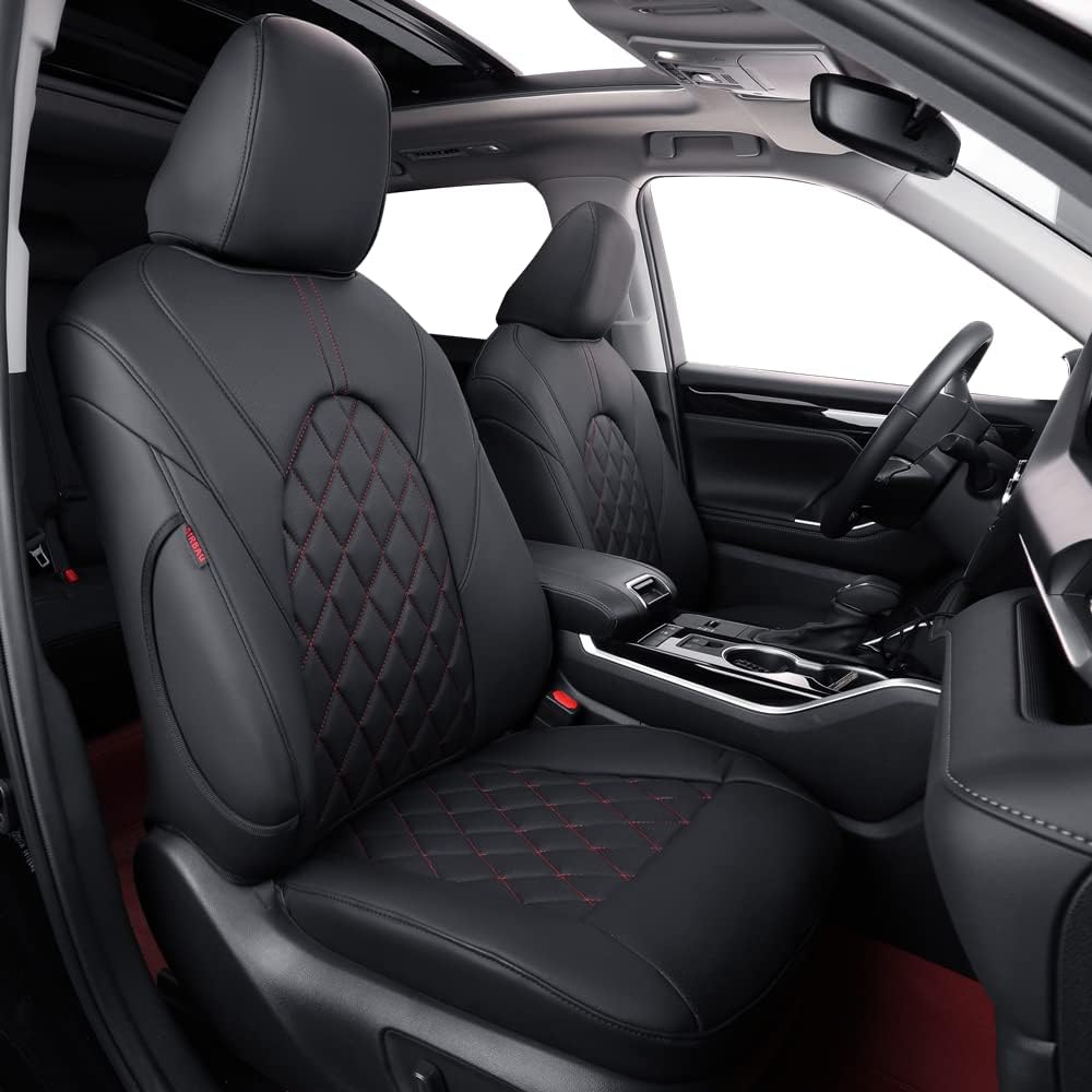 coverdream Camry Seat Covers Custom Fit for 2018-2024 Toyota Camry L LE SE SE Nightshade,Full Coverage Waterproof Leatherette Car Seat Protector (Full Set,Black/Red)