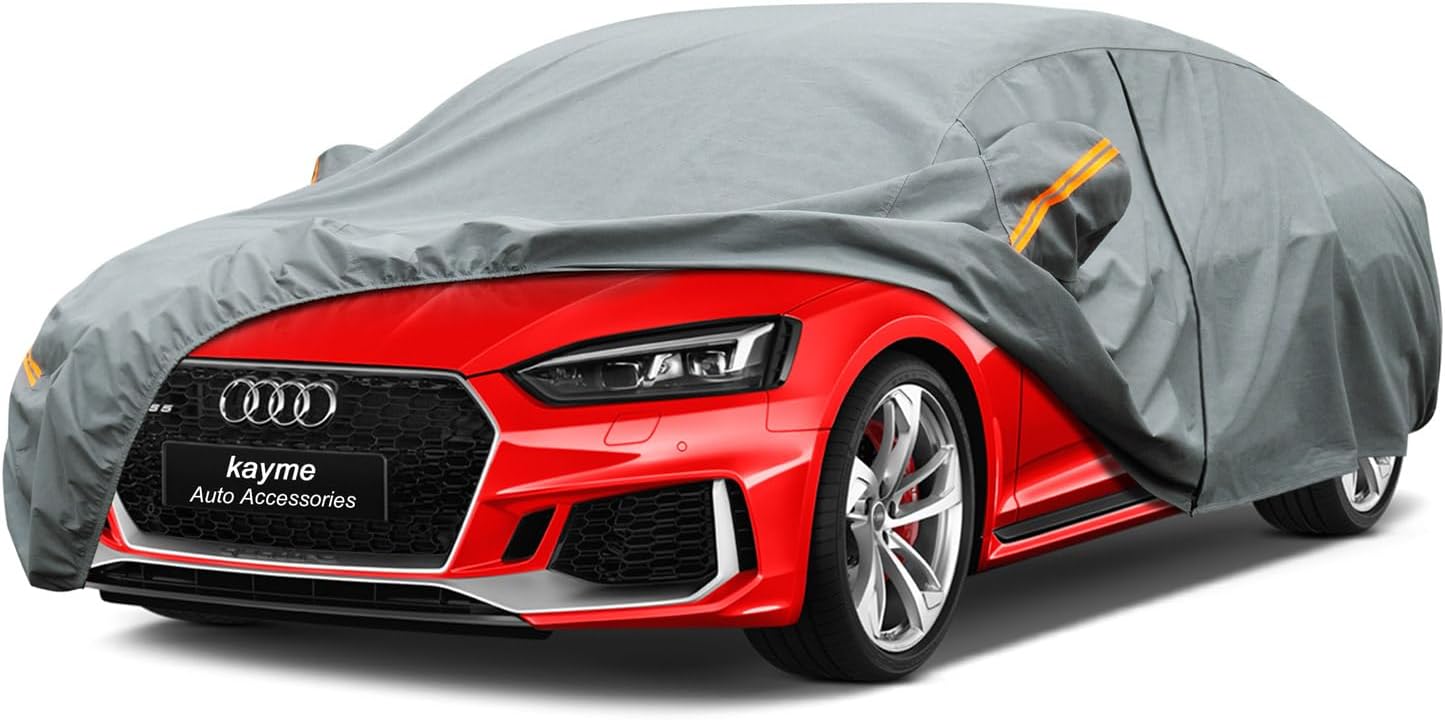 Kayme Heavy Duty Car Cover Waterproof All Weather, Full Exterior Covers Sun Rain UV Protection. Universal Fit Audi A4/A5, Honda Accord/Civic, Nissan Maxima, Cadillac CTS Etc.