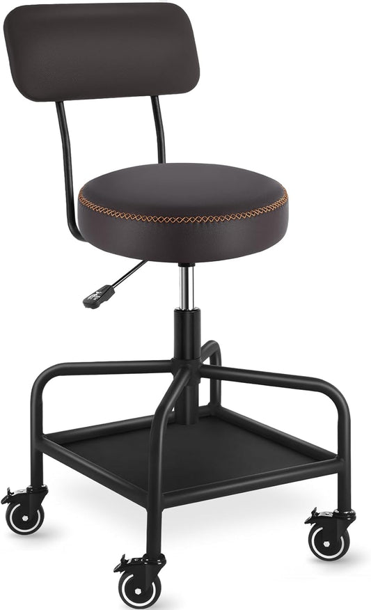 Shop Stool with Lockable Rubber Wheels Adjustable Backrest Tool Tray Storage 400 lb Capacity Rolling Garage Stool (Coffee)