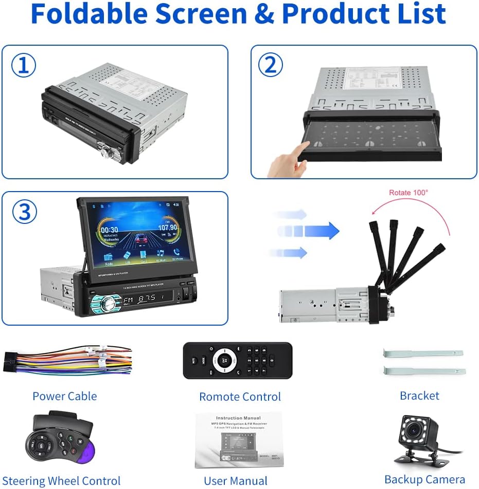 (Stable) Hikity Carplay Single Din Car Stereo, 7 Inch Flip Out Touch Screen Car Radio with Android Auto, Bluetooth, Mirror Link, Backup Camera, FM, USB, SWC, Voice Control Split Screen