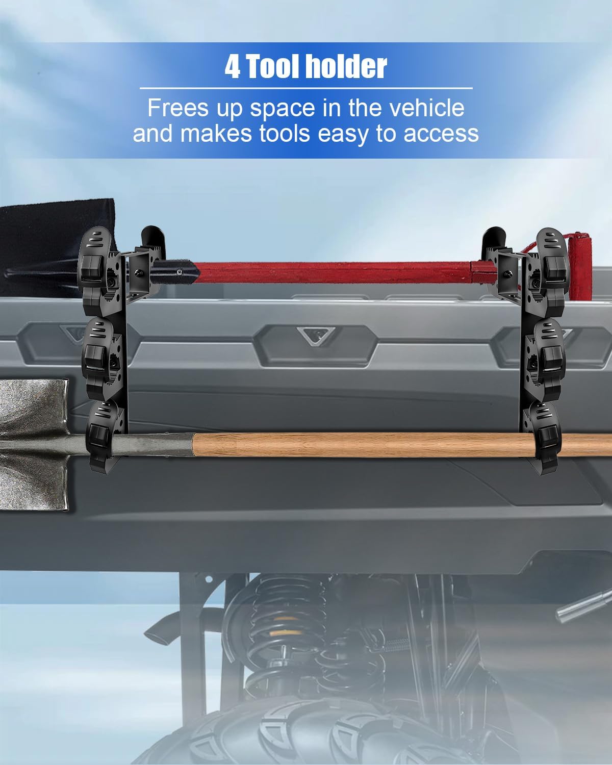 Upgraded Dual UTV Cargo Bed Tool Holders Compatible with Polaris Ranger and General, 4 Position Tool Carrier Mounting Kit, Shovel Holder Fits All UTV Round Bed Anchor Holes, No Drilling