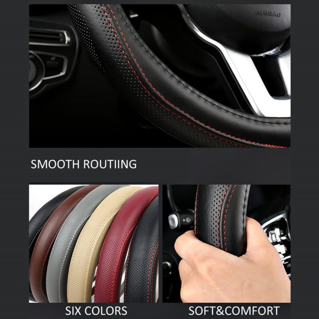 Cowhide Steering Wheel Cover Heat Resistant Anti-Slip Car Wheel Wrap Compatible with Most Makes and Models of Cars and Trucks with 14.5 to 15 Inch Steering Wheel(BlackRed)