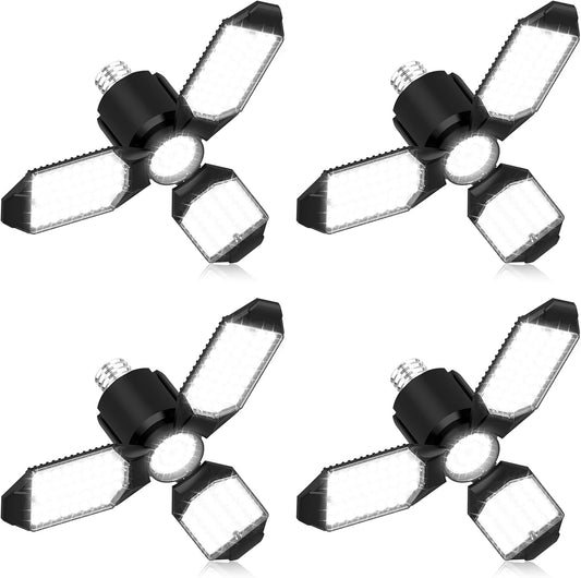LED Garage Lights 4 Pack, 8000LM Shop Lights with 3+1 Deformable Panels, 6500K Screw in Ceiling Lights for Garage, Workshop, Workbench, Basement