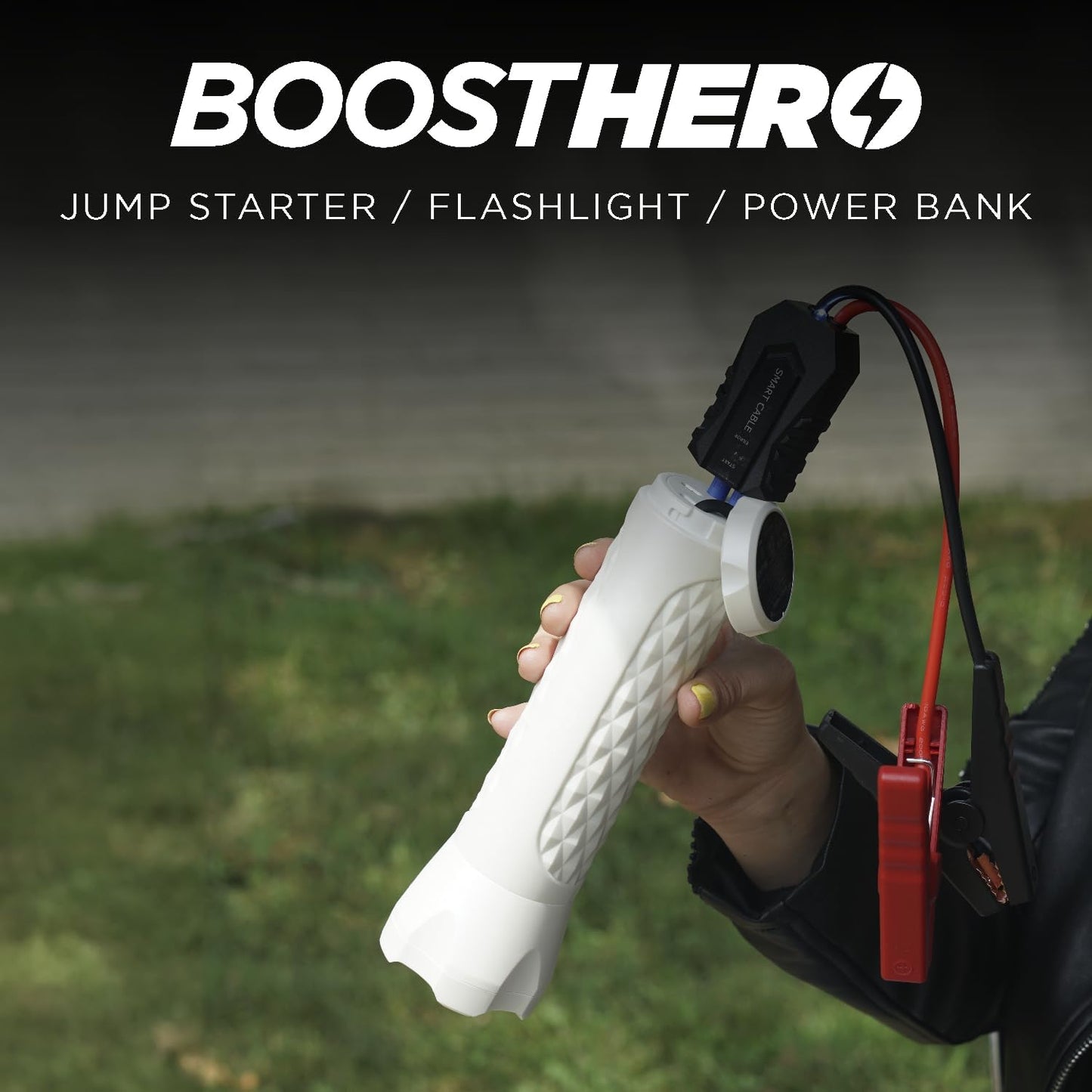 BoostHero Portable Car Battery Jump Starter, 6,000mAh Power Bank, LED Flashlight, with Smart Jumper Cables for up to 6.0L Gas/4.0L Diesel Engines (White)