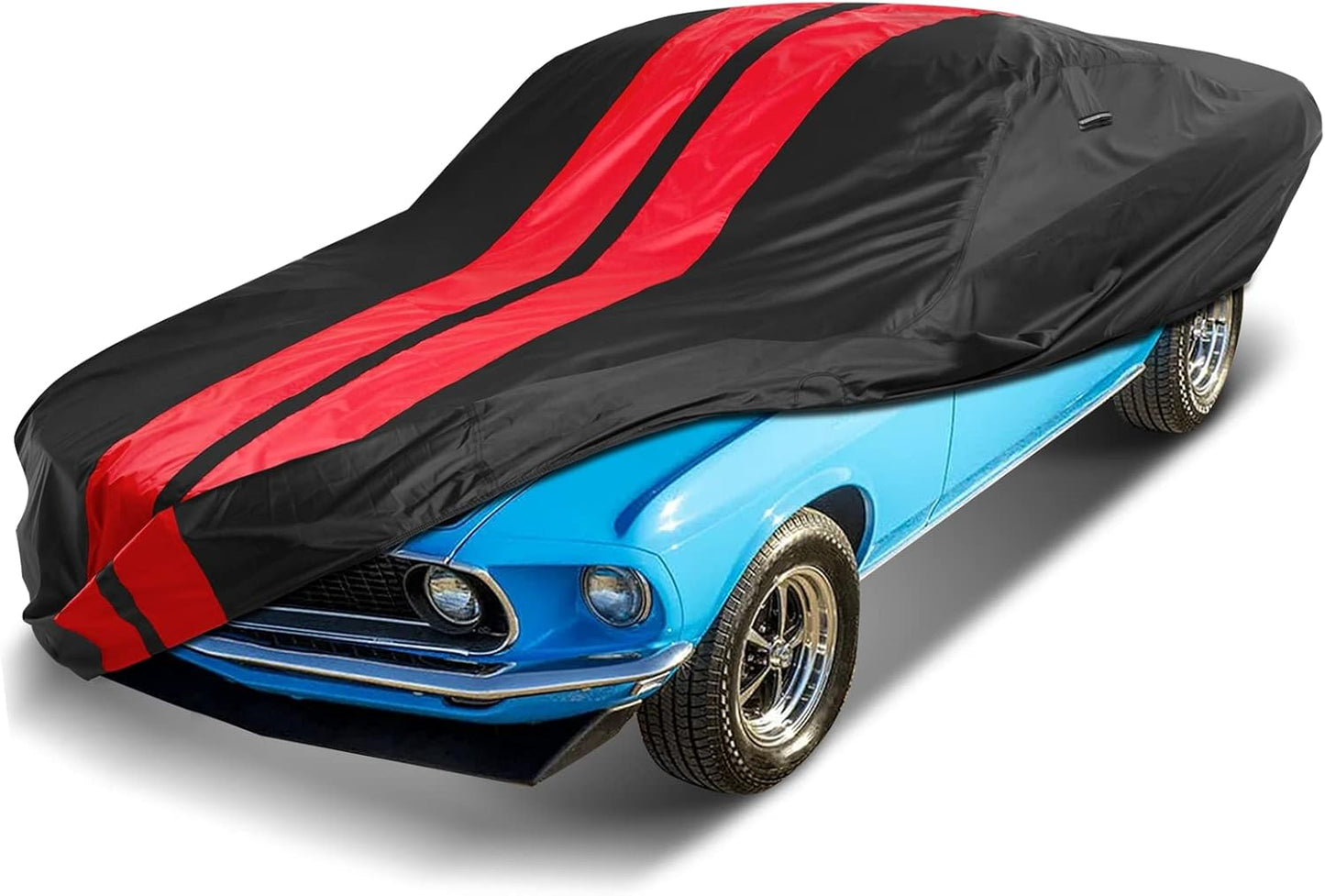 iCarCover Custom Car Cover Compatible with Mustang 1969-1973, Waterproof All Weather Rain Snow UV Sun Protector Full Exterior Indoor Outdoor Car Covers, Stripe (Black/Red)