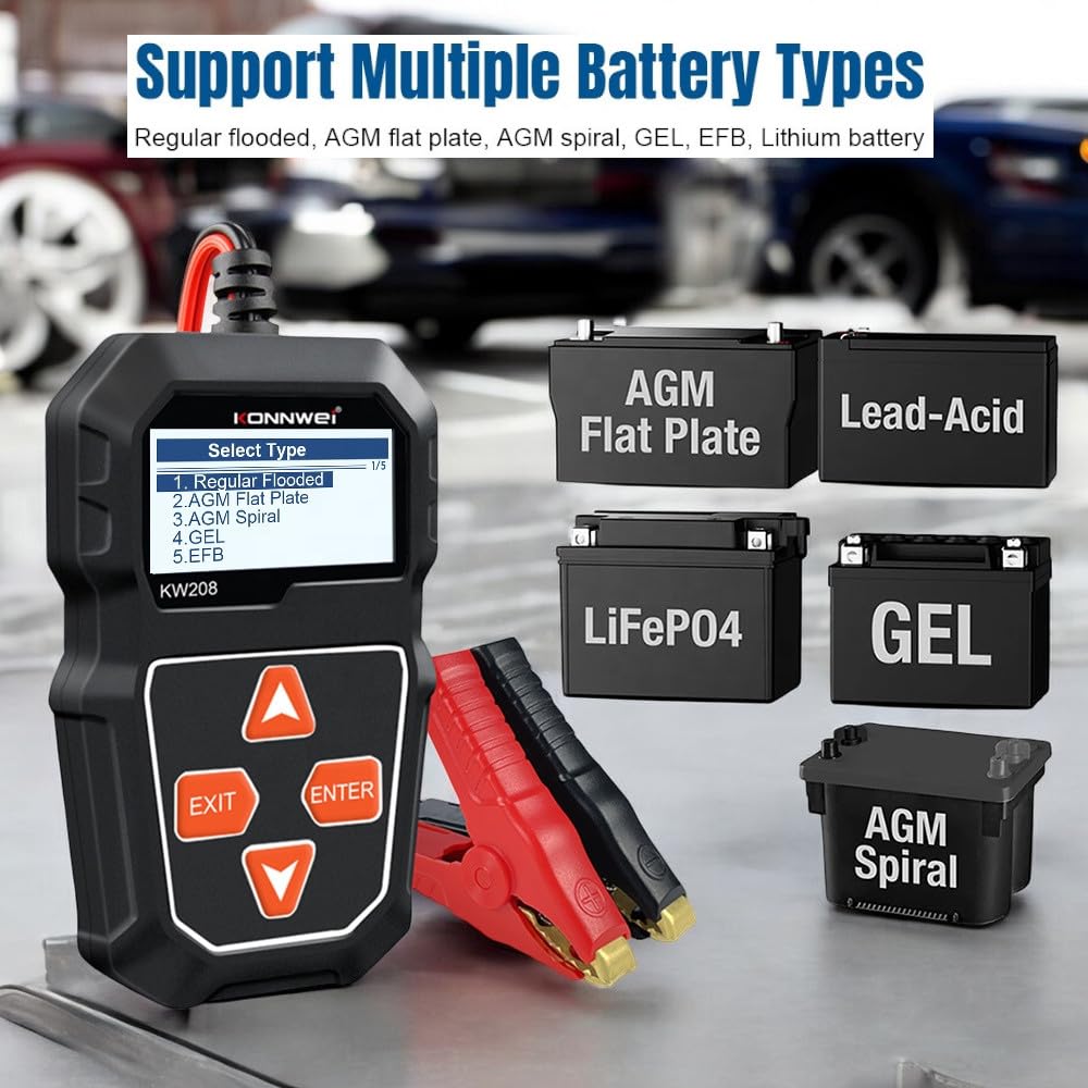 KONNWEI KW208 Car Battery Tester 12V. 100-2000 CCA Load Tester. Automotive Alternator Tester. Voltage Test, Cranking Test, Charging Test. For cars, trucks, boats, motorcycles, SUVs gasoline or diesel.