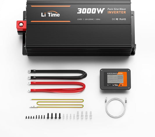 LiTime 3000W Pure Sine Wave Inverter 12V DC to 120V AC Converter with Remote Control, Surge 6000W, Built-in 4 AC Outlets, USB Port, Type-C Port for Home, RV, Camping, Off-Grid, Solar Power