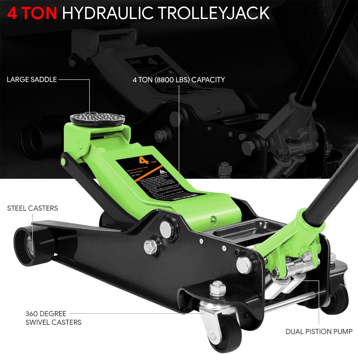 DNA MOTORING Low Profile Hydraulic Trolley Service/Floor Jack, 4 Ton (8000 lbs) Capacity, Lifting Range 4.5"-20", Green, TOOLS-00307-GR