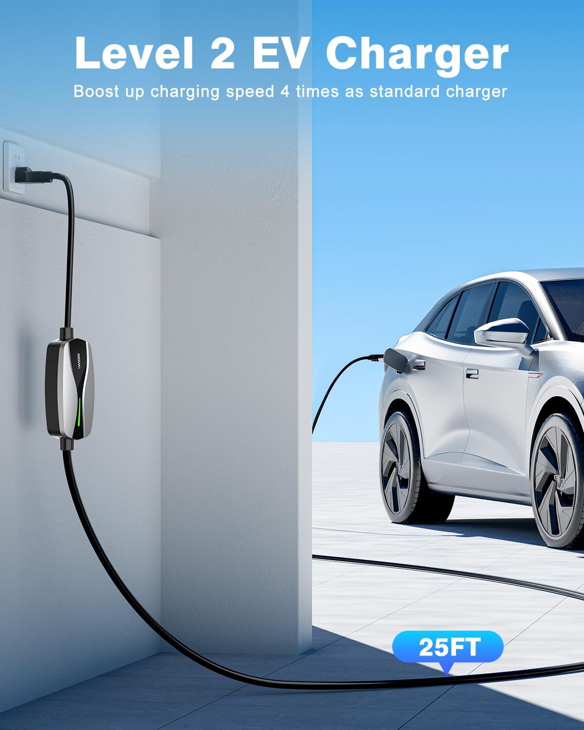 Level 1/2 EV Charger, 16Amp Electric Car Charger 25FT Cable with NEMA 6-20 Plug and NEMA 5-15 Adapter, Home Mobile EV Charging Station for J1772 BEVs/PHEVs 110V-240V(Silver)