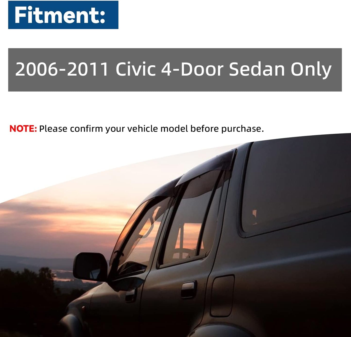 Set of 4 JDM 3D Wavy MU Style Front+Rear Smoke Sun/Rain Guard Outside Mount Tape-On Acrylic Window Visors Compatible with 06-11 Civic 4-Door Sedan