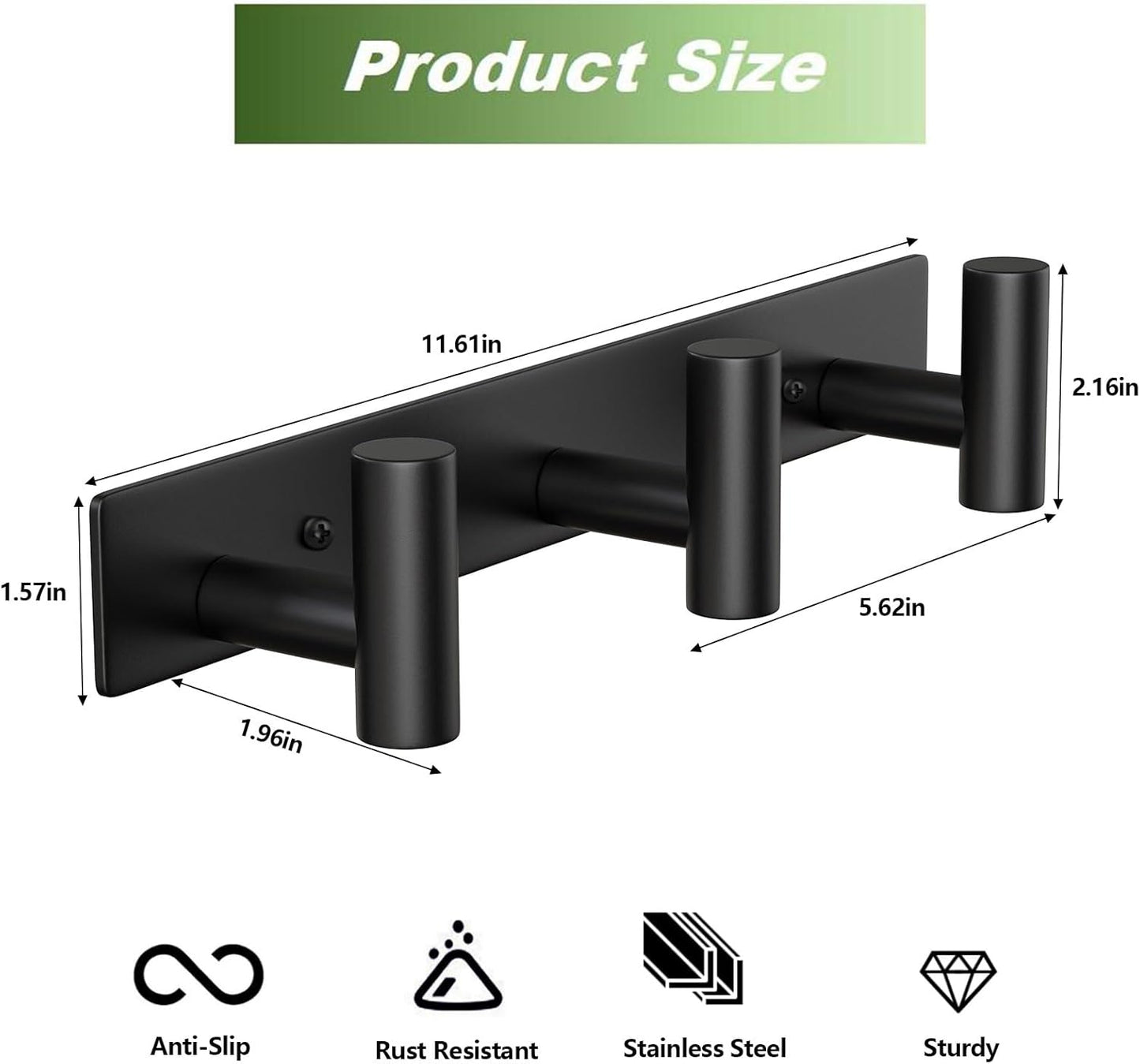 Coat Rack Wall Mounted with 3 Hooks,Heavy Duty Wall Hooks for Hanging Towel Coat Hat Bag, Metal Coat Hooks Hat Rack Coat Hanger Towel Hooks for Entryway Bathroom Kitchen (Black, 2 Packs)