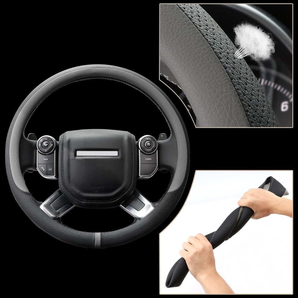 COFIT Breathable Car Steering Wheel Cover 16 inch Auto Universal Leather Wrap Non-Slip Steeringwheel Protector Automotive Interior Accessories, Grey (Suit for 15.5-16 inch)
