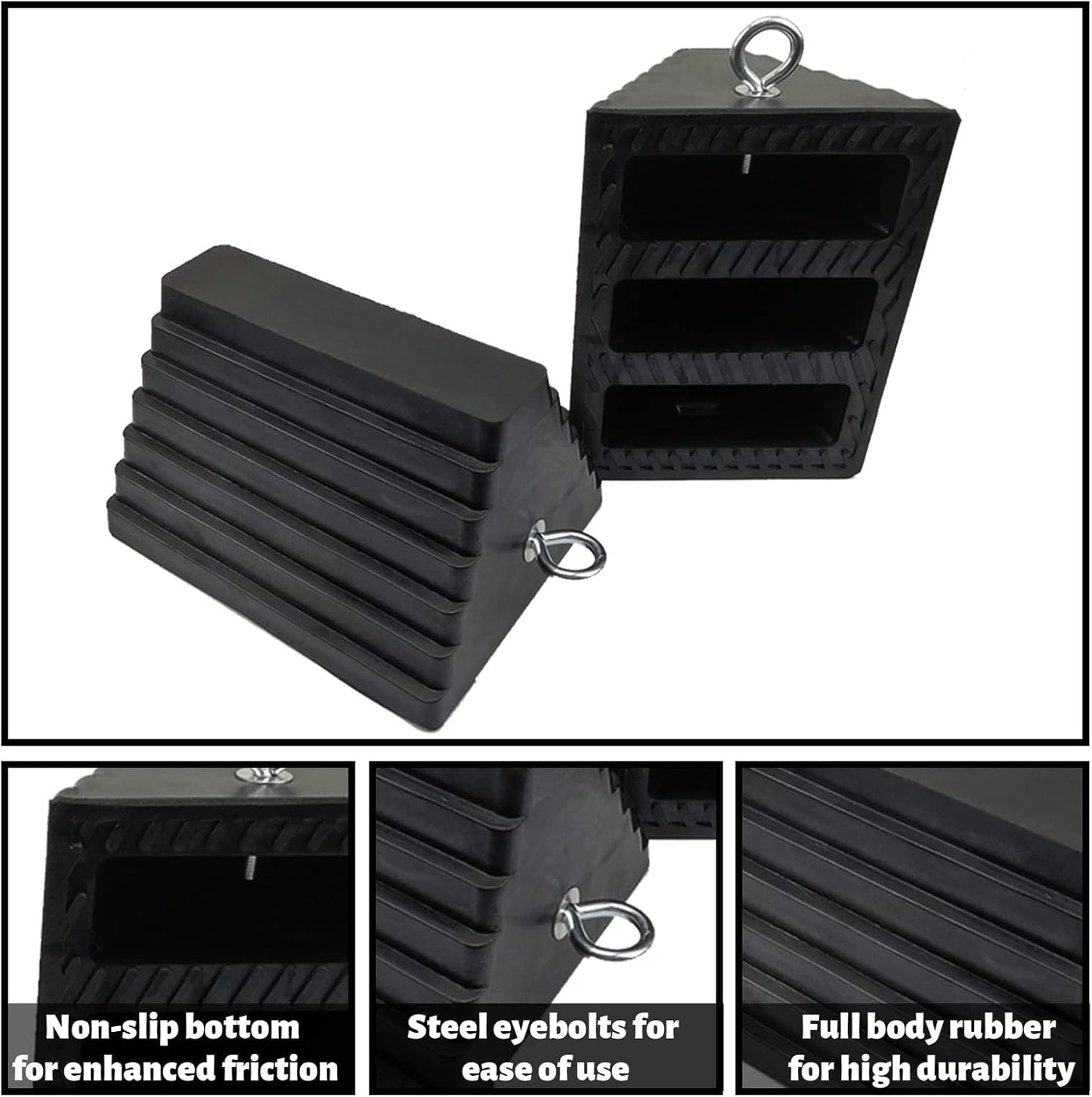 ROBLOCK 2 Pack Wheel Chocks Rubber Heavy Duty Black with Eyebolt, 9" Length x 7.1" Width x 5.5" Height, for Cars, RVs, Trucks, Trailers, and Vehicles, Anti-Slip Design Tire Chock for All Weather Use