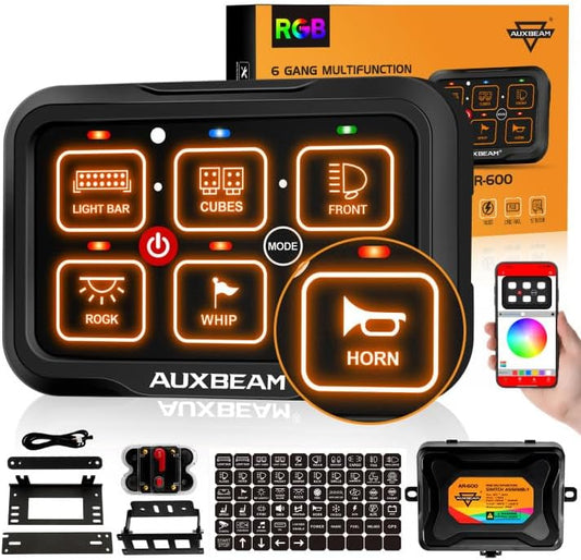 Auxbeam 6 Gang Switch Panel Bluetooth RGB AR-600 with Toggle Momentary Pulsed Modes Multifunctional Switch pod with Manual and Automatic Backlit Control Boat Switch Panel for Truck Car ATV Waterproof