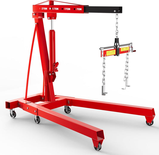 5000 LBS Engine Hoist with Load Leveler, Heavy Duty Alloy Steel Folding Cherry Picker Engine Hoist with 8 Ton Hydraulic Long Ram Jack, Ease of Assembly 2 Ton Engine Hoist for Workshop Warehouse Garage