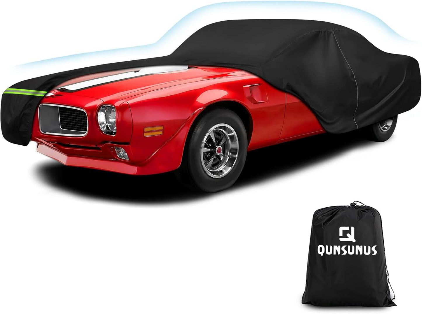 QUNSUNUS Waterproof Car Cover for Pontiac Firebird 1967-1992, Outdoor Car Covers with Zipper, All Weather Cover with Straps and Elastic Edges for Wind, Sun, UV and Dust Protection