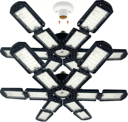2 Packs LED Garage Light,Super Bright Screw in E26/E27 Ceiling Shop Work Lamp, 280W 30000 Lumen Deformable Basement Bulb Fixture with 12+1 Adjustable Panels, Lighting for Workshop, Attic