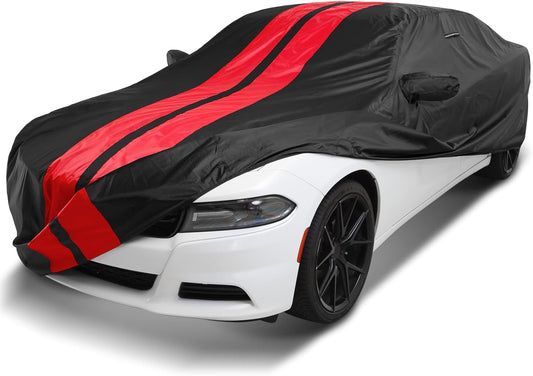 iCarCover Custom Car Cover Compatible with Charger 2006-2024, Waterproof All-Weather Rain Snow UV Sun Protector Full Exterior Indoor Outdoor Car Covers, Stripe (Black/Red)