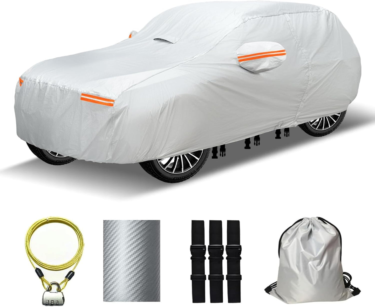 30 Layers SUV Car Cover for Automobiles All Weather Waterproof, Outdoor Snowproof UV Protection Windproof, Door Zipper, Soft Cotton, Heavy Duty Universal Car Covers, (Silver, Fit SUV 191"-200")