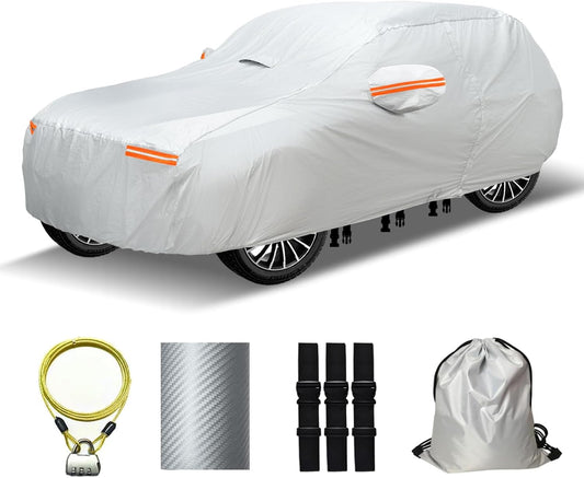 30 Layers SUV Car Cover for Automobiles All Weather Waterproof, Outdoor Snowproof UV Protection Windproof, Door Zipper, Soft Cotton, Heavy Duty Universal Car Covers, (Silver, Fit SUV 191"-200")