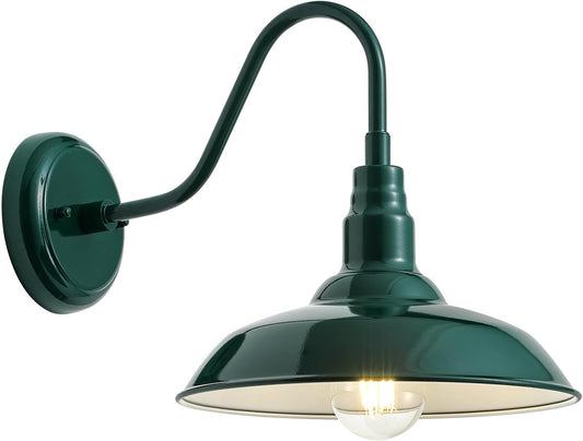 10'' Dome Outdoor Gooseneck Barn Light Fixture with Wall Mount, Green Exterior Porch Barn Door Lighting, Farmhouse Style Outside Porch Gooseneck Wall Sconce for Patio, Yard, Garage, House