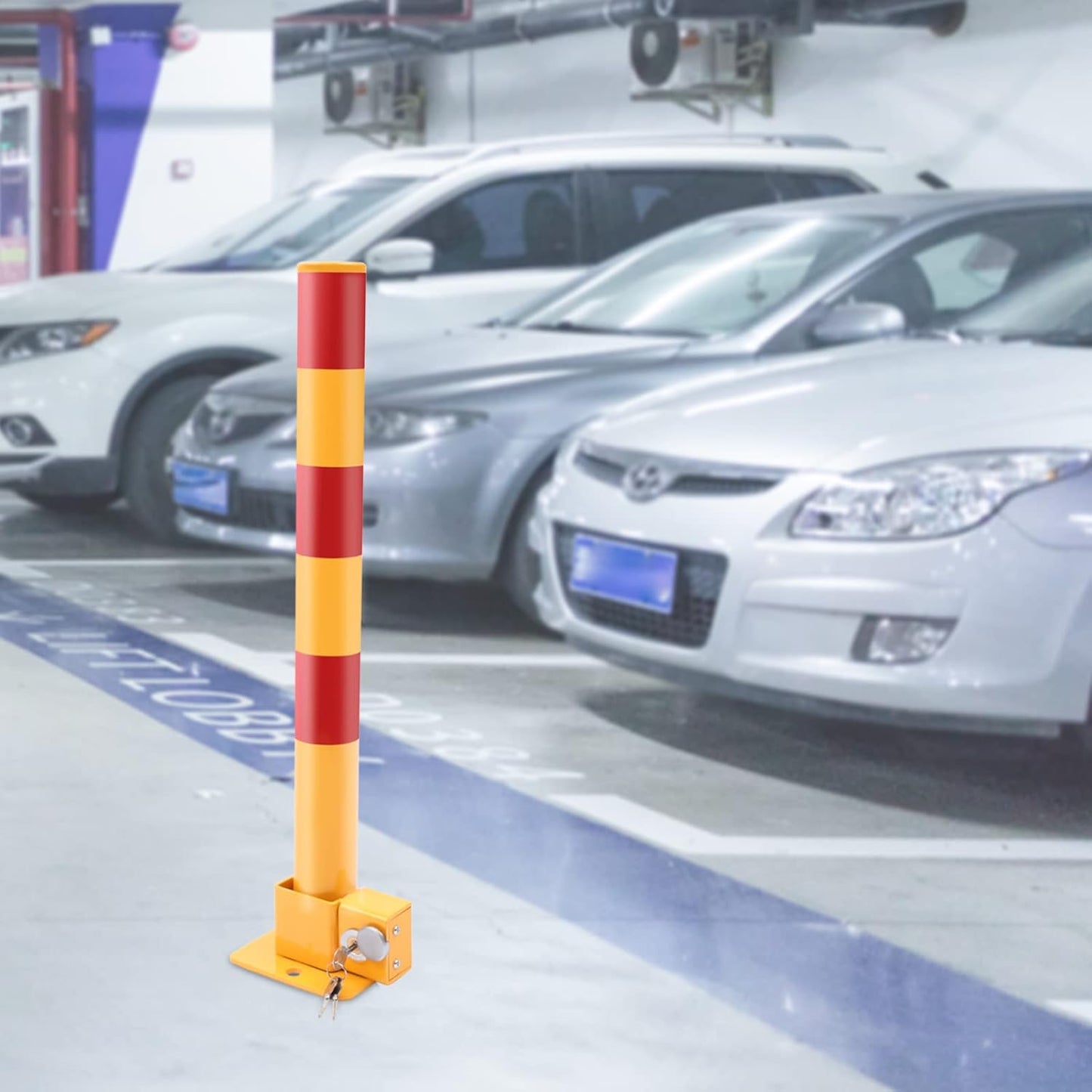 Spring Parking Post Wall Mount Parking Barrier with Lock Folding Metal Parking Obstacle Piles with Warning Stripes Driveway Parking Interceptor Bollard for Parking Lot -Red/Yellow (5.1*4.3*23.6in)