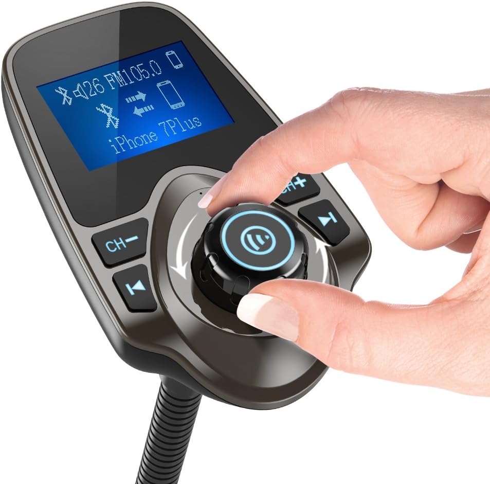 Nulaxy Bluetooth Car FM Transmitter Audio Adapter Receiver Wireless Handsfree Car Kit TF Card AUX 1.44 Display – KM18 Brown