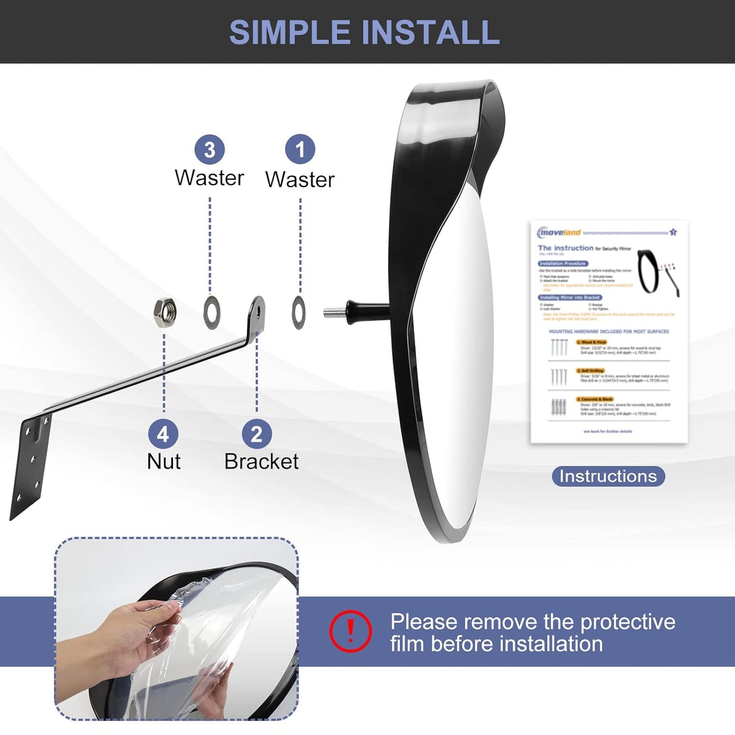 moveland Convex Security Mirror - 16 Inch Adjustable Wide View, Acrylic Shatterproof for Traffic, Parking, Driveway, Store, Garage, Warehouse, Blind Spot - Support Indoor and Outdoor
