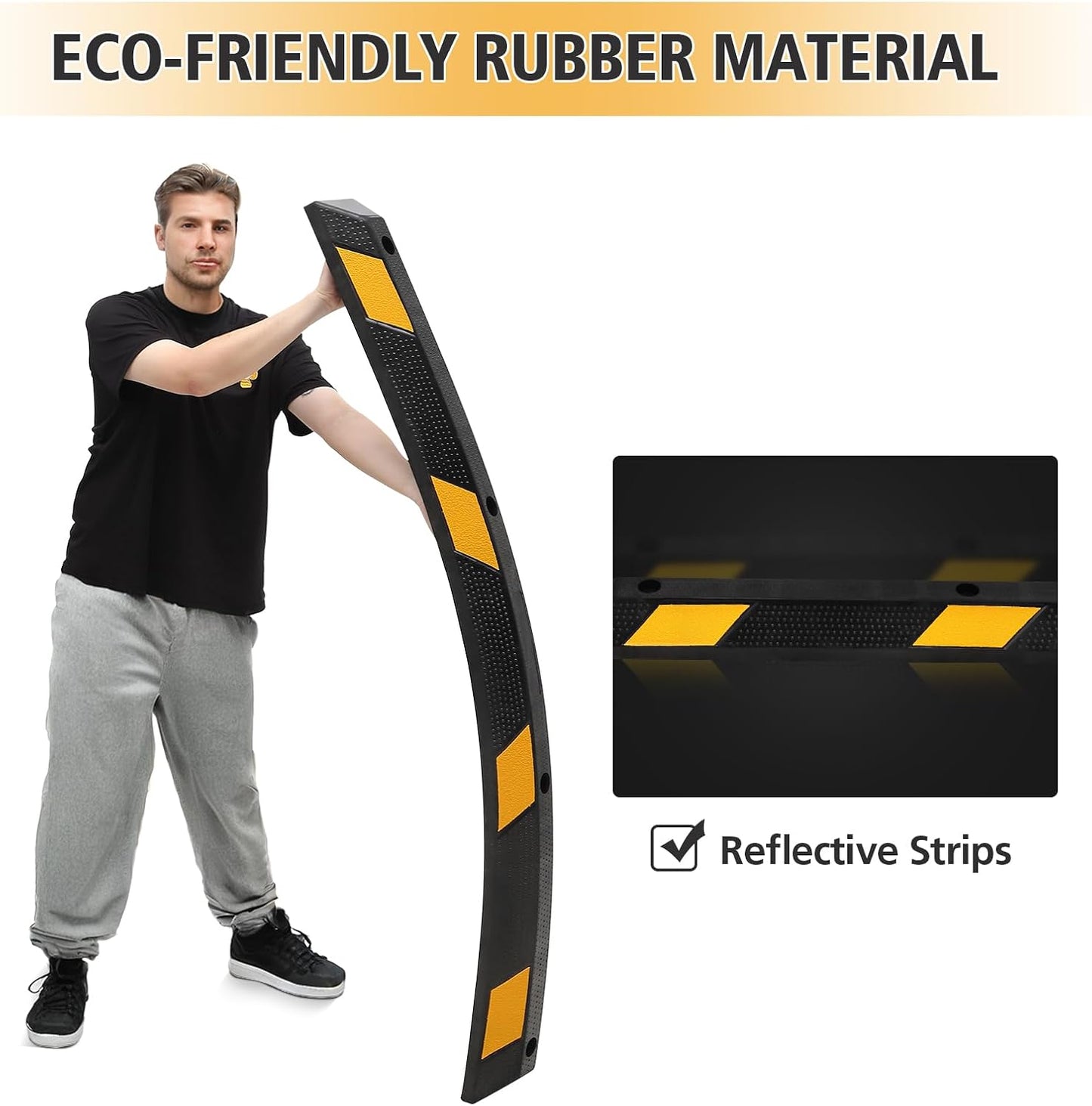 Heavy-Duty Rubber Parking Curb1 with 8 Reflective Strips - 72.8" Extra Wide Vehicle Stopper, 55,000 lb Capacity for Driveways, Garages & Commercial Lots (1 Pack)