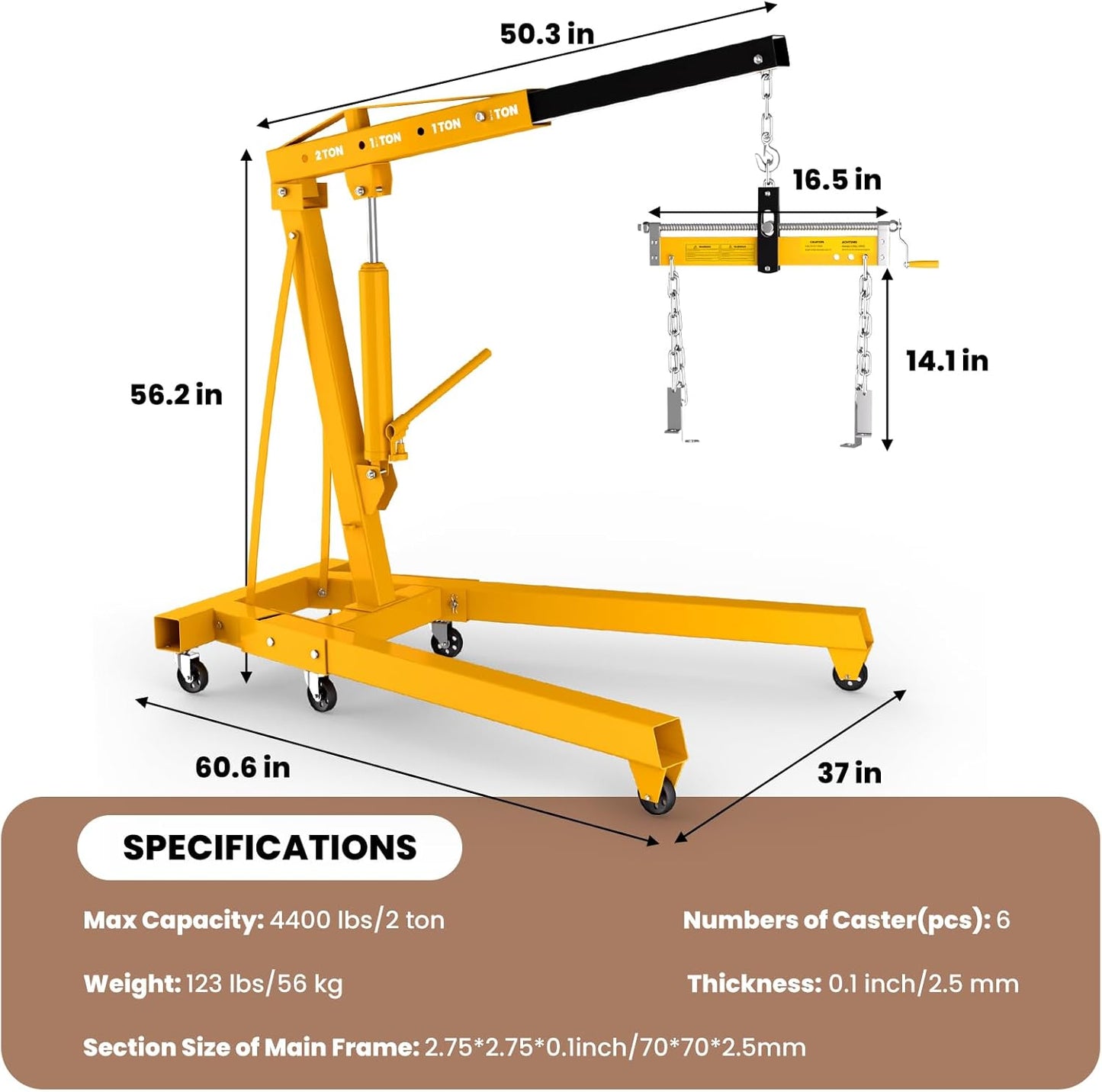 2 Ton Engine Hoist with Leveler 4409 LBS Folding Cherry Picker Engine Hoist, Heavy Duty Hydraulic Engine Crane with 8 Ton Hydraulic Pump and 6 Casters, Engine Hoist Lever for Engine Lifting Loading