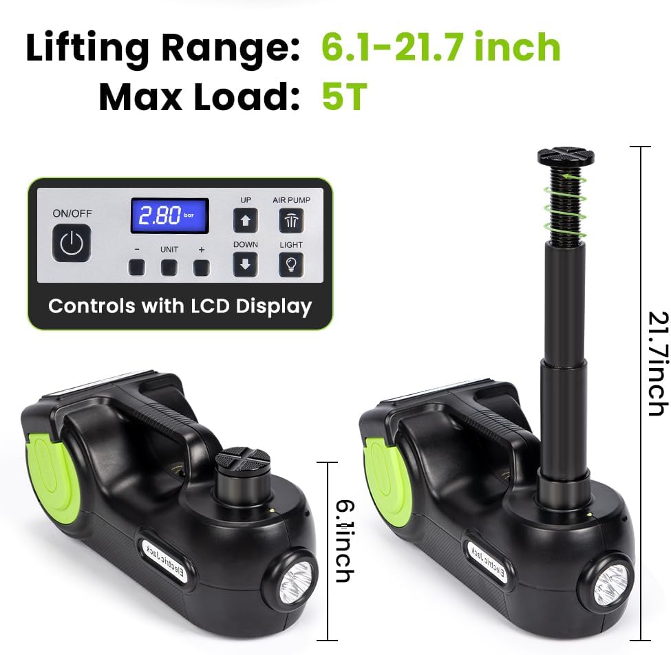 Anbull Electric Car Jack Kit 5 Ton,Hydraulic Car Jack Lift DC12V with Electric Impact Wrench & Inflator for SUV MPV Sedan Truck Tire Change & Garage Repair（Lifting Range 6.1-21.7 inch）