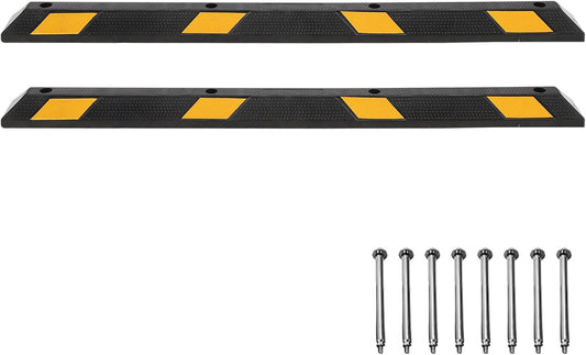 Parking Stoppers for Garage, 72 Inch Premium Parking Block Curb with Yellow Reflective Stripe, Heavy Duty Wheel Stopper for Cars, Vehicles, Trucks, Installation Kits Included, Pack of 2