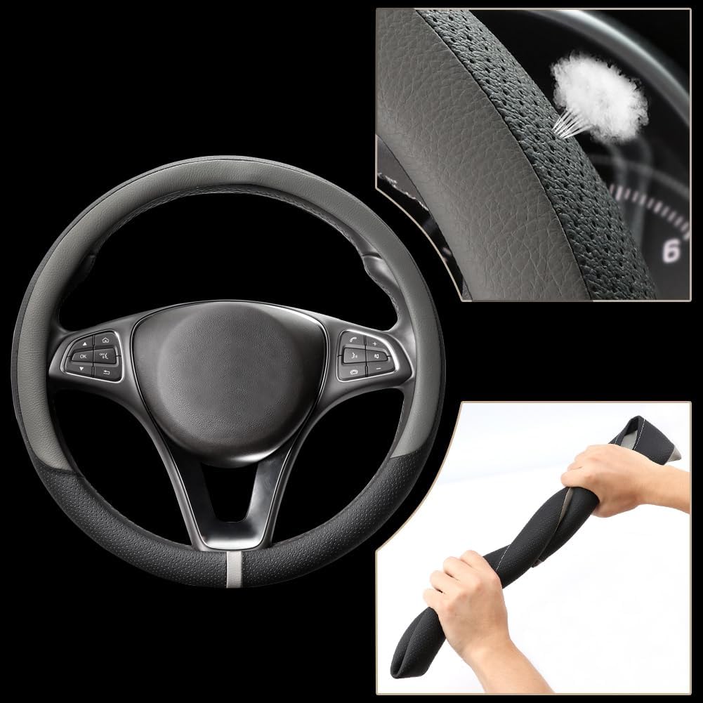 COFIT Breathable Car Steering Wheel Cover 15 inch Auto Universal Leather Wrap Non-Slip Steeringwheel Protector Automotive Interior Accessories, Grey (Suit for 14.5-15 inch)