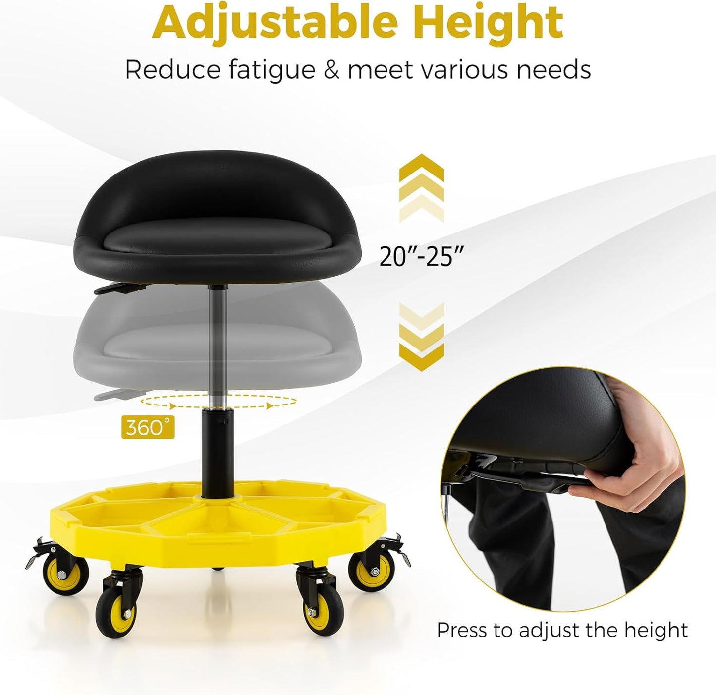 Mechanic Stool, 350 LBS Capacity Rolling Shop Stool with Lockable Wheels, 2 Magnetic Tool Trays & Padded Seat, 20"-25" Height Adjustable Workshop Chair Creeper Seat for Garage, Auto Repair