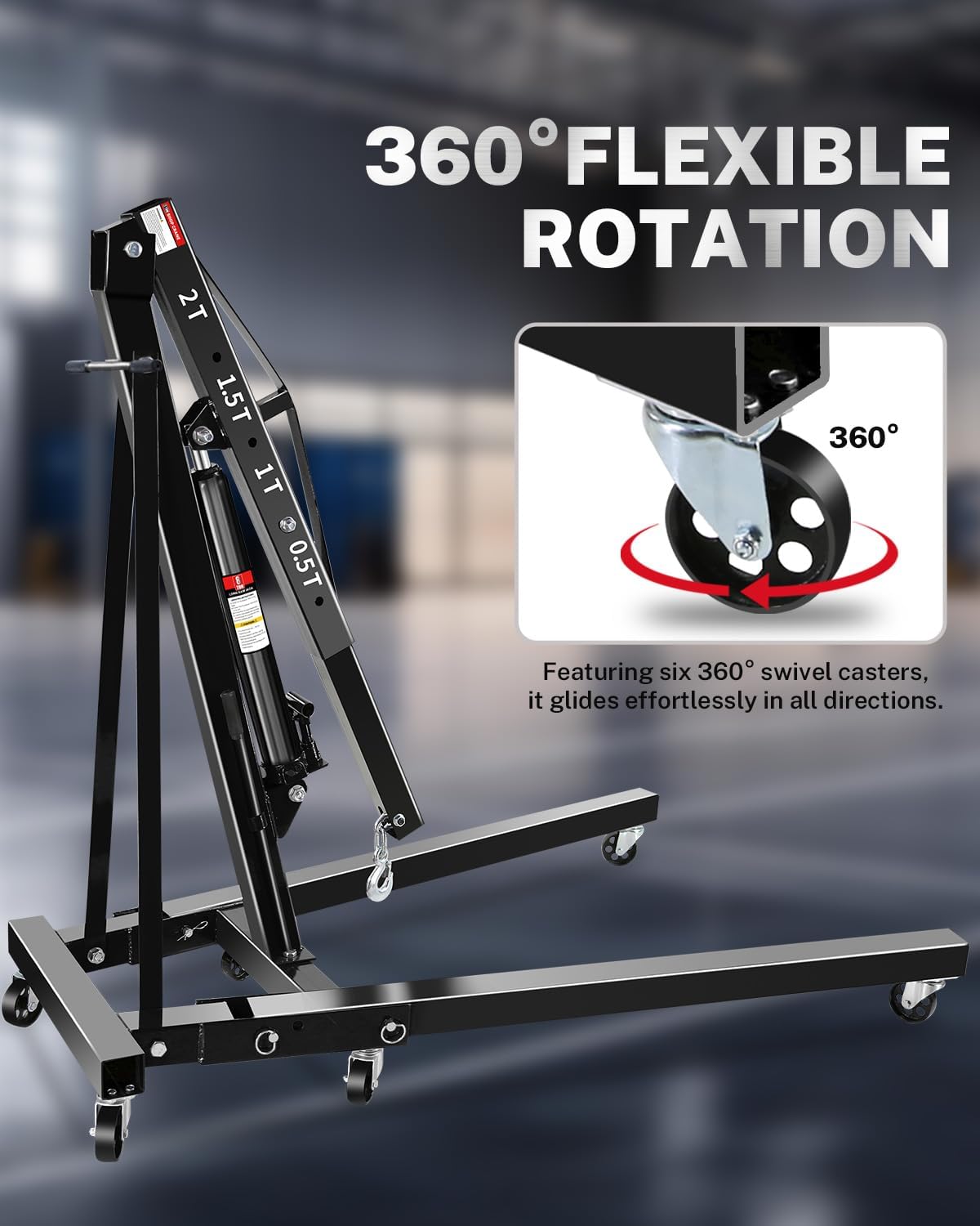 2-Ton Folding Engine Hoist, Hydraulic Shop Crane with 6 Swivel Wheels & Adjustable Boom (0.5T-2T), Heavy-Duty Cherry Picker for Garage, Workshop, Truck, Farm (Net Wt. 157 lbs)