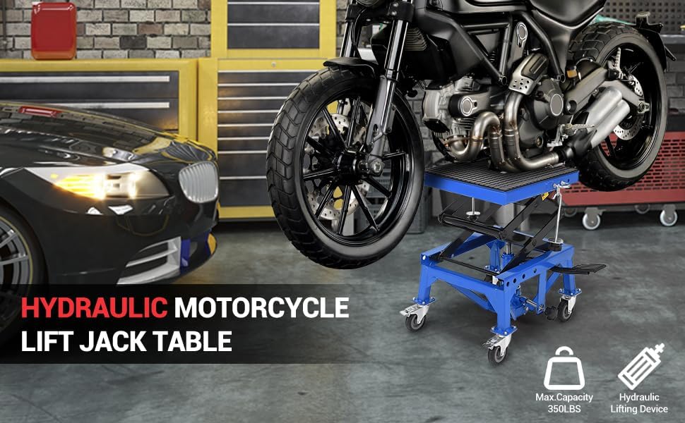 Hydraulic 350LBS Motorcycle Lift Jack - Foot-Pump Scissor Lift Table with Safety Lock, Wheels & Oil Drain Hole - Height Adjustable 13.78-34.25" for ATV, Dirt Bike, Cruiser Maintenance