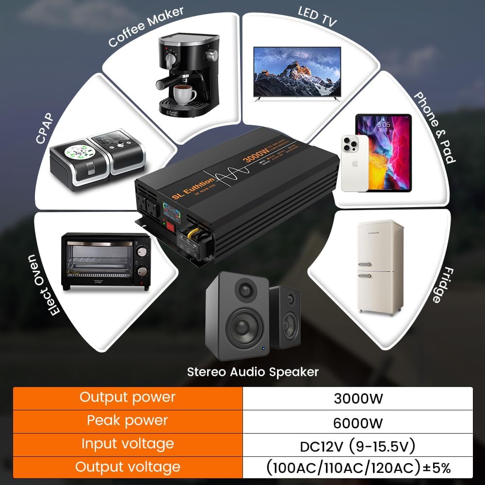 3000W/6000W(Peak) Pure Sine Wave Car Power Inverter 12V DC to 120V AC 60HZ with LCD Display, USB Port, Wireless Remote Control（10M) for Car Home Laptop Truck