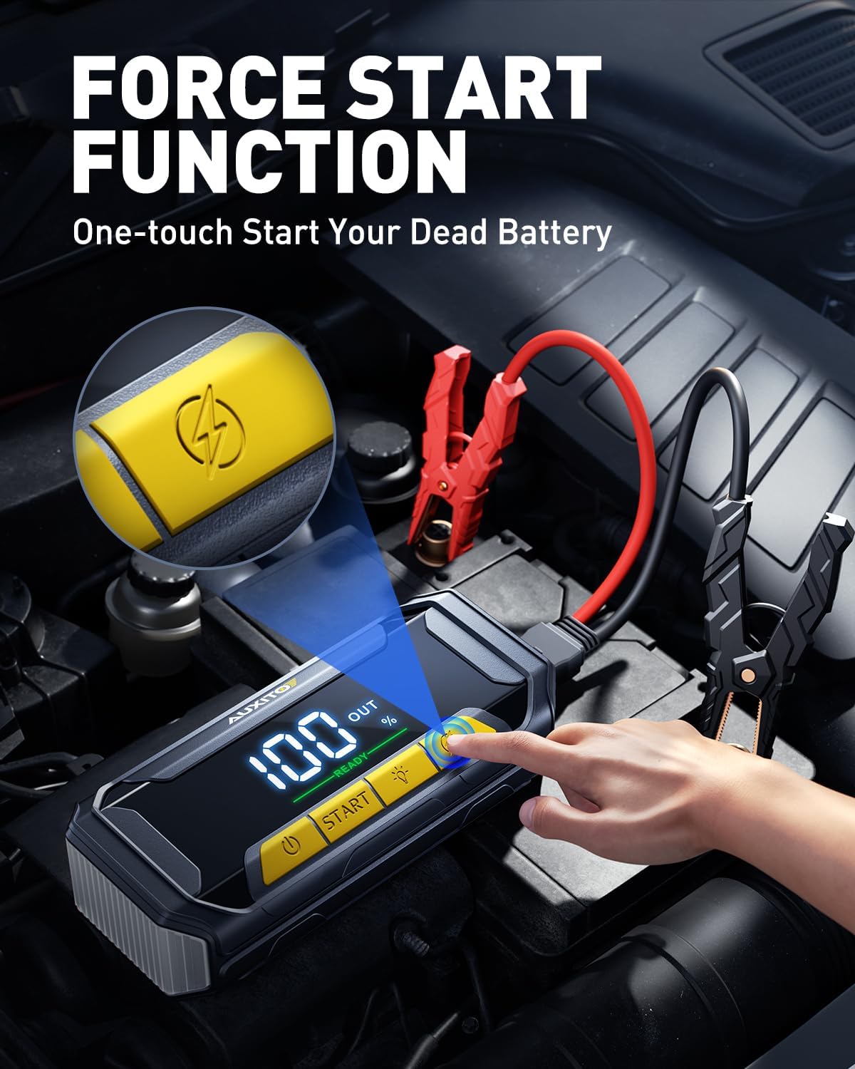 AUXITO 8000A Car Battery Jump Starter Boost Force Start Function Jump Box 60W Fast Charging 160W DC Output Portable Jump Starter for 12V Vehicle 700LM Super Bright Flashlight (All Gas/Diesel)