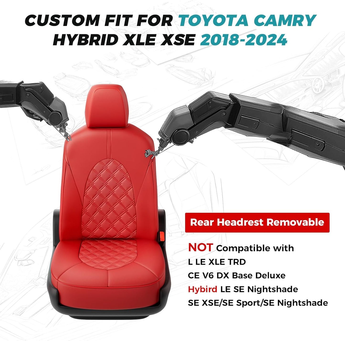 for Toyota Camry Seat Covers Hybrid XLE XSE 2018 2019 2020 2021 2022 2023 2024 - Custom Car Seat Cover Full Set, Waterproof Breathable Cushion Protector, Leather Seat Cover for Cars Red