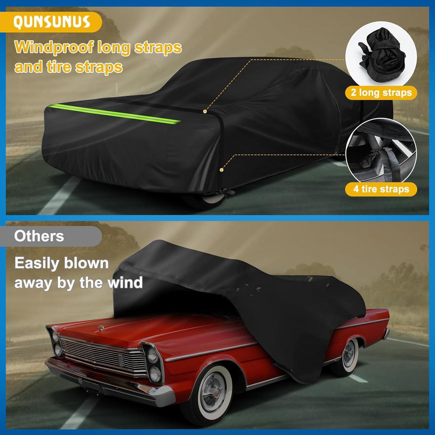 QUNSUNUS Waterproof Car Cover for Ford Galaxie 500/XL/Starliner/Fairlane Sedan/Coupe/Hardtop 2/4 Door, Outdoor Car Covers Wind, Sun, UV and Dust Protection