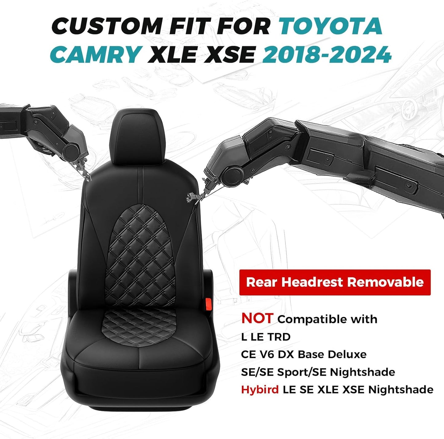 for Toyota Camry Seat Covers XLE XSE V6 2018 2019 2020 2021 2022 2023 2024 - Custom Fit Car Seat Covers Full Set, Breathable Waterproof Leather Seat Covers for Cars, Black Not for Hybrid