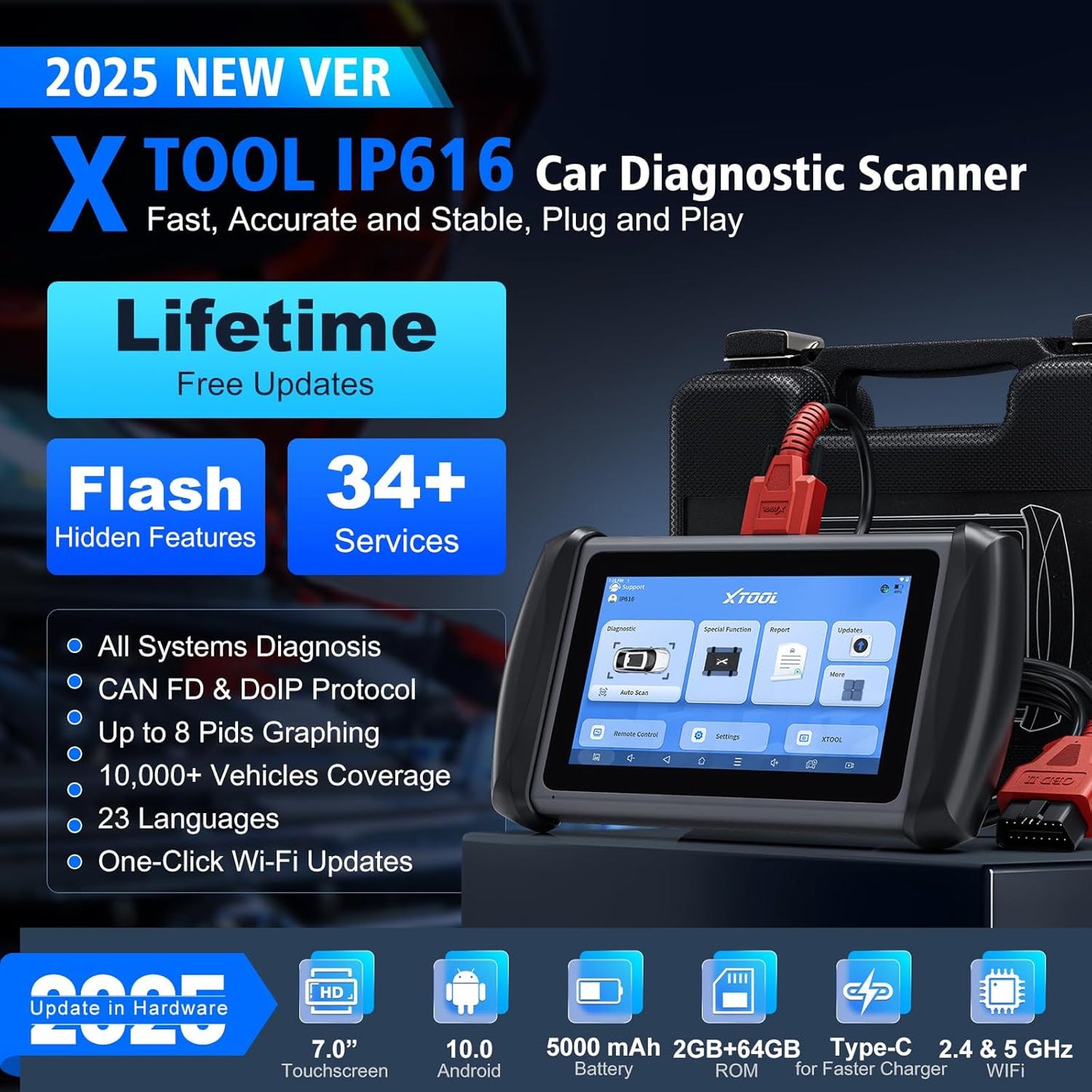 XTOOL IP616 V2.0 OBD2 Scanner Diagnostic Tool with 34+ Resets, Lifetime Free Update Scanner for Car, CAN FD & DoIP, ECU Configuration, Full Systems Scan Tool, Android 10