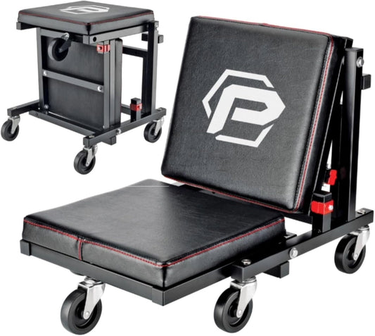 Powerbuilt 2-in-1 Rolling Creeper Seat Converts from High to Low Roller Seat, Fast, Tool-Free Conversion, Garage, Shop, Brake Jobs, Washing, Detailing, Maintenance, Thick Pad, 3-in. Casters - 240298