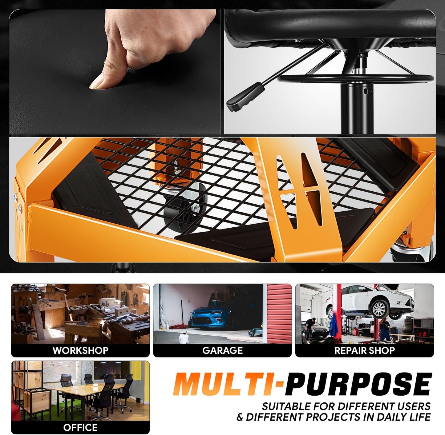 DNA MOTORING Rolling Padded Seat Adjustable Height Seat 330lbs Capacity Rolling Mechanic Creeper Stool, W/Tool Storage Drawer & Tray, Black/Yellow,TOOLS-00599