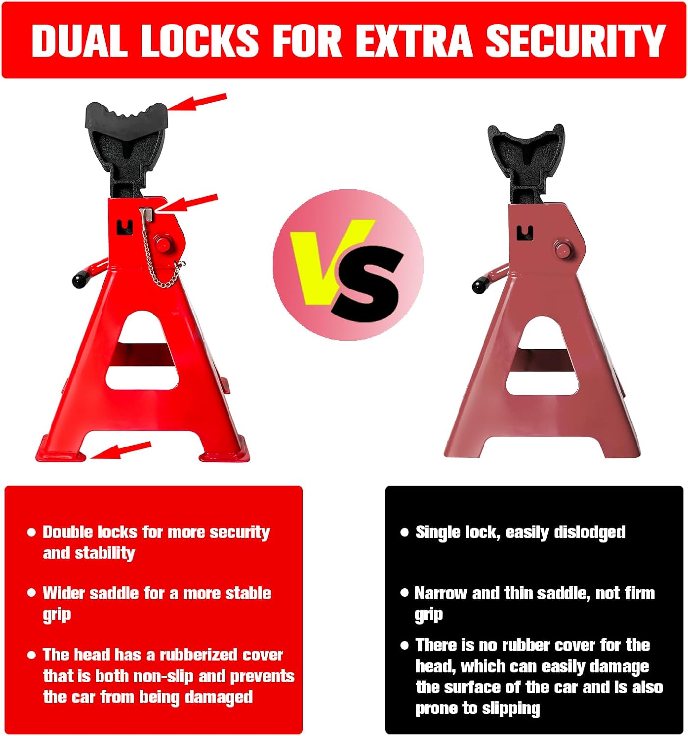 Jack Stands 3 Ton (6,600 LBs), 11.22"-16.54" Adjustable with Double Pin Locking for Reinforced Safety. Car Jack Stand with Extra Rubber Pads for Trucks, Home,Garage,Lifting,1 Pair Red