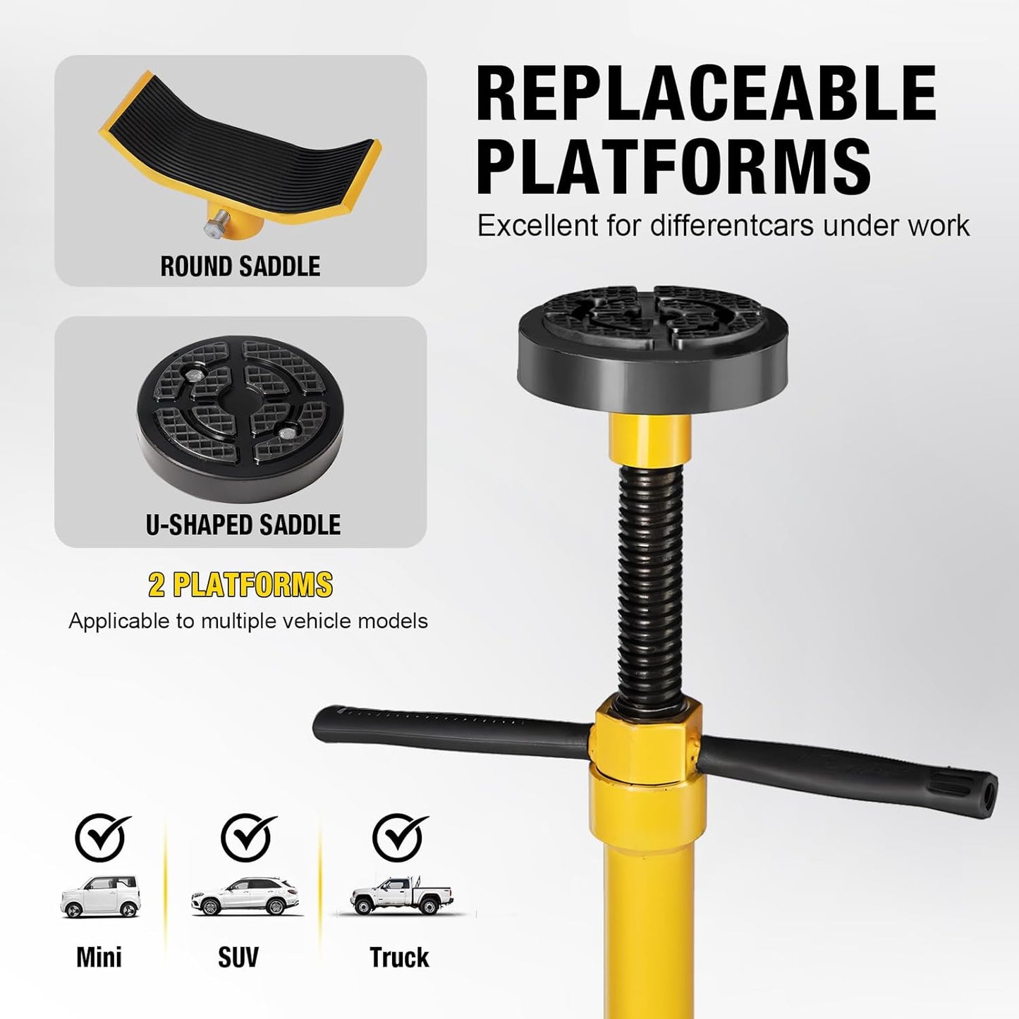 YELLOW JACKET Underhoist Support Stand 3/4 Ton Capacity Lifting from 52.8" to 76", 12 Inch Diameter Base, Bearing Mounted Spin Handle, Contoured Saddle Supports Vehicle Components, Self-Locking Screw