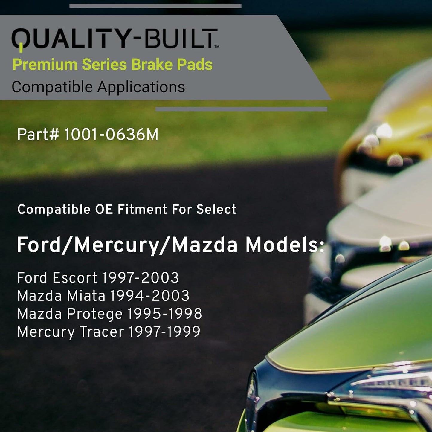 Premium Semi-Metallic Rear Brake Pads (1001-0636M) Compatible with Ford Escort 1997-2003, Mazda Miata 1994-2003, Mazda Protege 1995-1998, Mercury Tracer 1997-1999