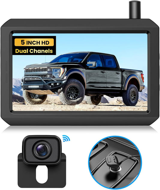 Wireless Backup Camera for Trucks: 5 Inch HD Monitor, Easy Install Stable Digital Signal Back Up Camera System, Dual Channel Color Night Vision Rear View Camera for Car Pickup SUV Van - AUTO-VOX W7Pro
