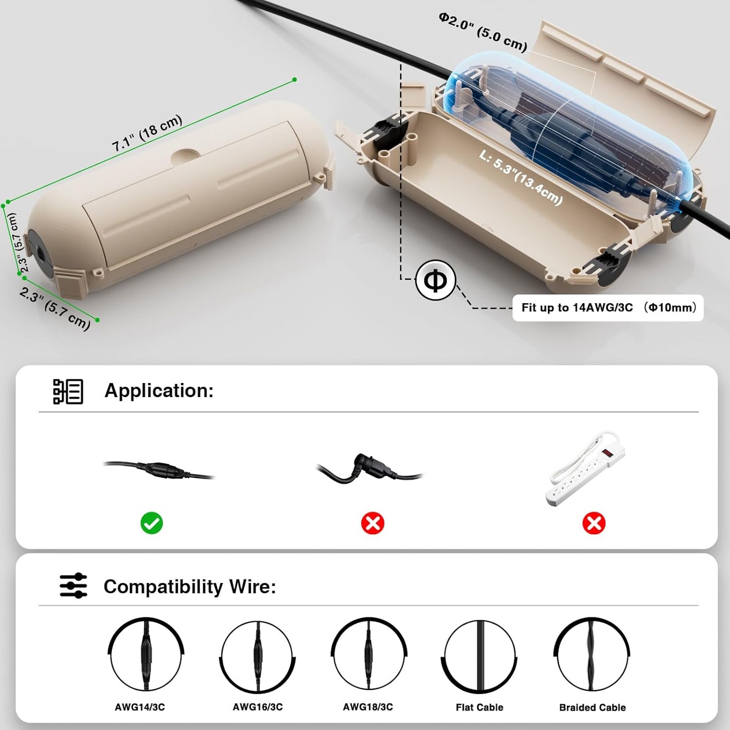 Flemoon [3 Pack] Outdoor Extension Cord Cover Waterproof, Weatherproof Electrical Connection Box for Straight Plug, Outlet, Socket, Halloween, Christmas Holiday Decoration String Light, Almond