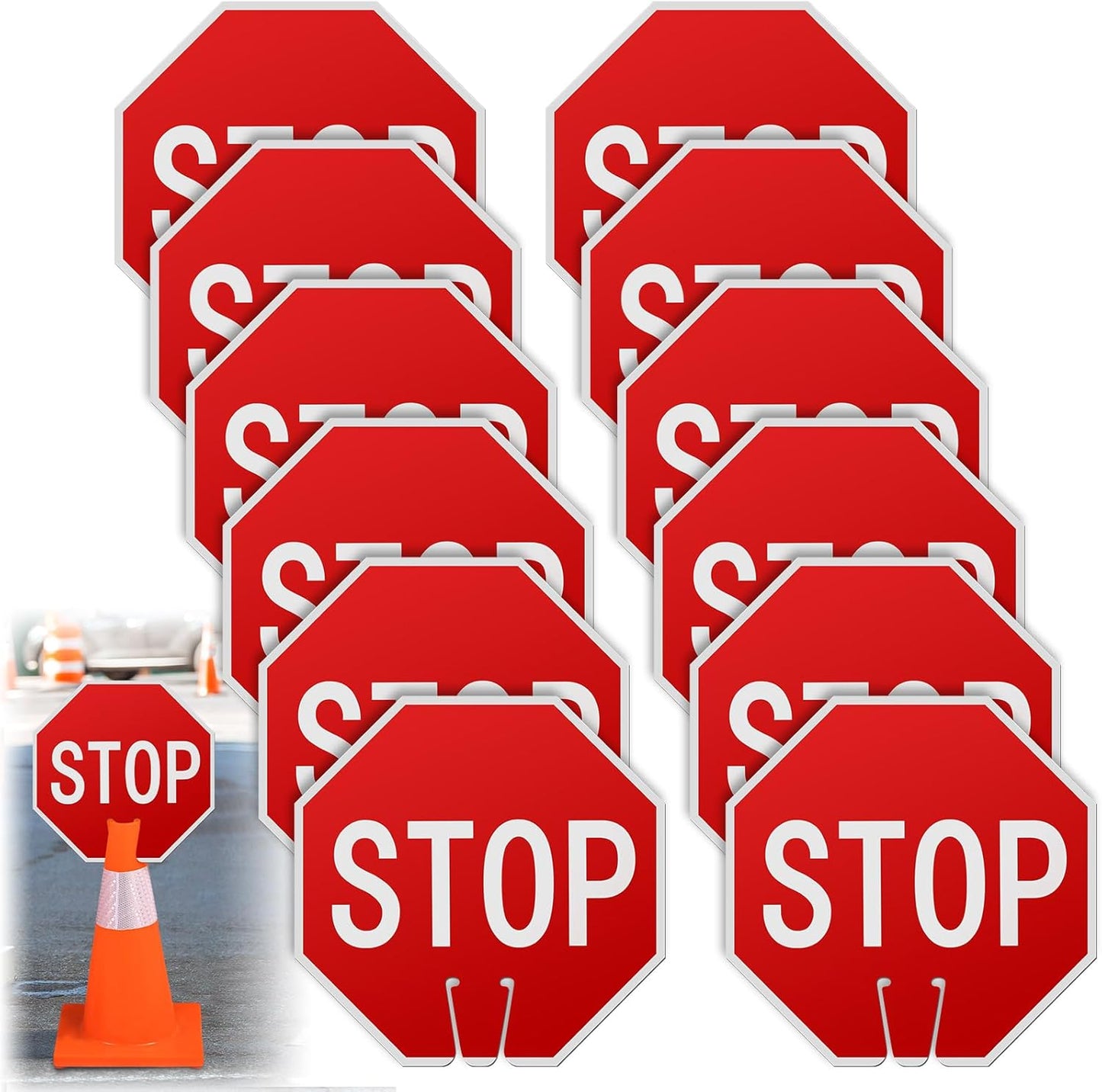 Geetery 12 Pcs Stop Signs 12 x 12 Inches PVC Traffic Cones Top Warning Signs Double Sided for Street Road Barricade Outdoor Weather Resistant Construction